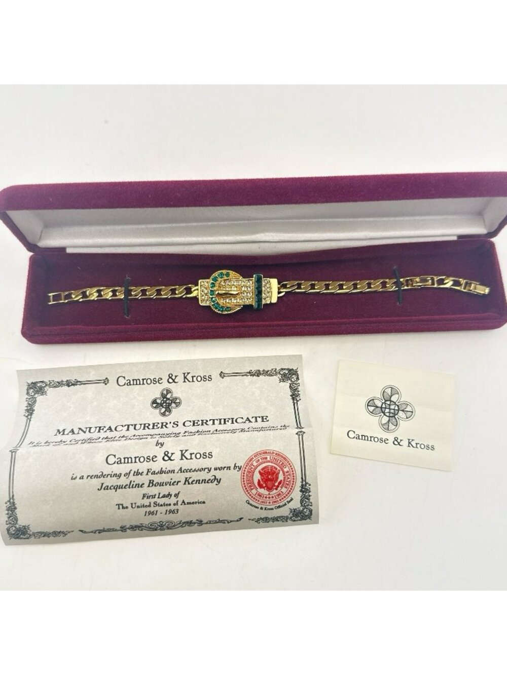 Camrose & Kross JBK Bracelet Green Belt Buckle Link Jackie Kennedy Gold Tone 8"